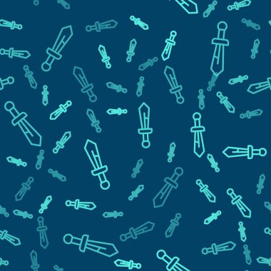 Yeşil çizgi Ortaçağ kılıç ikonu mavi arkaplandaki kusursuz deseni izole etti. Ortaçağ silahı. Vektör