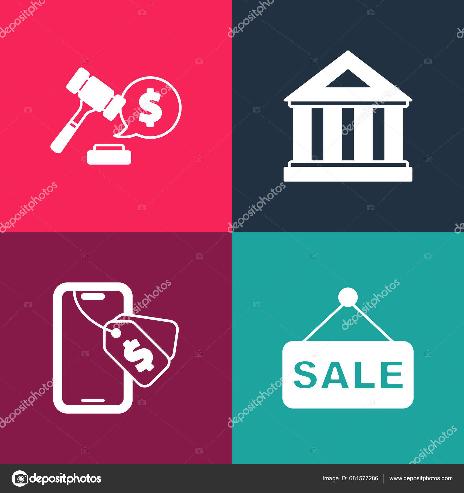set-pop-art-price-tag-sale-online-auction-museum-building-stock-vector