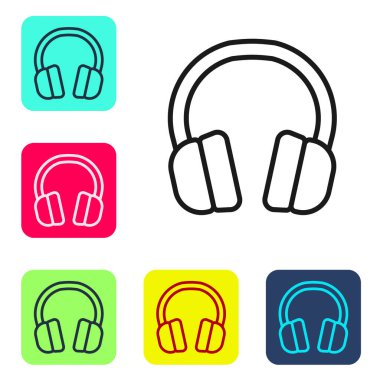 Siyah çizgi kulaklık simgesi beyaz arkaplanda izole edildi. Kulaklıklar. Müzik, hizmet, iletişim ve operatör konsepti. Renkli kare düğmelerle simgeleri ayarla. Vektör