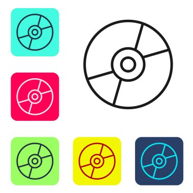 Siyah çizgi Vinil disk simgesi beyaz arkaplanda izole edildi. Renkli kare düğmelerle simgeleri ayarla. Vektör