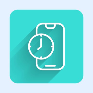 Beyaz çizgi Alarm Saati uygulaması akıllı telefon arayüzü simgesi uzun gölge arkaplanı ile izole edildi. Yeşil kare düğmesi. Vektör
