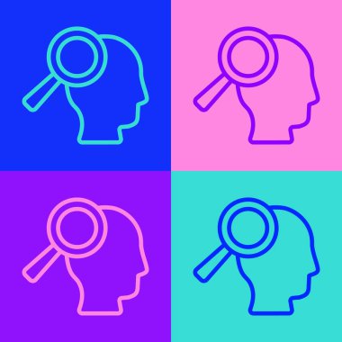 Arama iş simgesi için pop sanat çizgisi büyüteci renk arkaplanında izole edilmiş. İşe alım ya da seçim konsepti. Çalışanları ve işi ara. Vektör