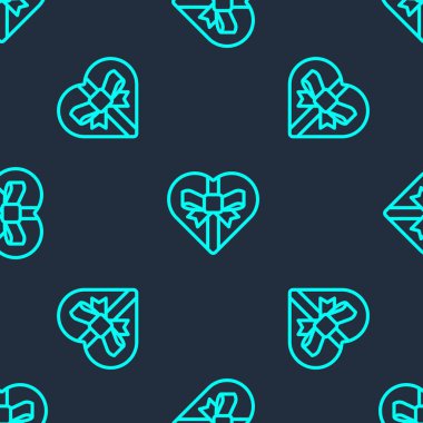 Yeşil çizgi Candy kalp şeklindeki kutu ve yay ikonu mavi arka planda izole edilmiş pürüzsüz desen. Sevgililer Günü. Vektör