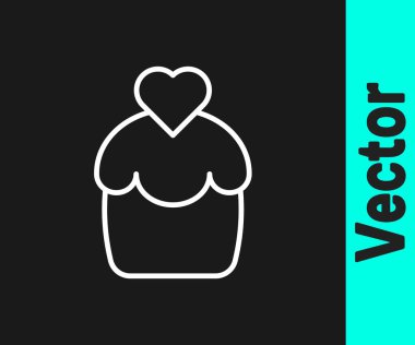 Siyah arka planda kalp ikonu olan beyaz çizgi düğün pastası. Sevgililer günün kutlu olsun. Vektör