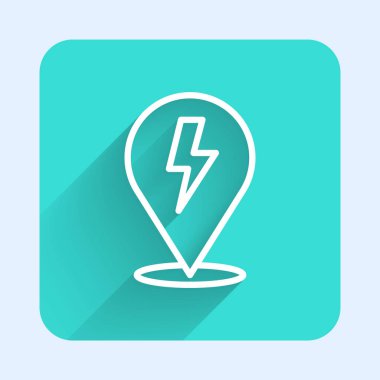 White line Lightning bolt icon isolated with long shadow background. Flash sign. Charge flash icon. Thunder bolt. Lighting strike. Green square button. Vector