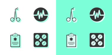 Hapları su toplaması, tıbbi makas, klinik kayıt ve kalp atış hızı ikonuna yerleştir. Vektör