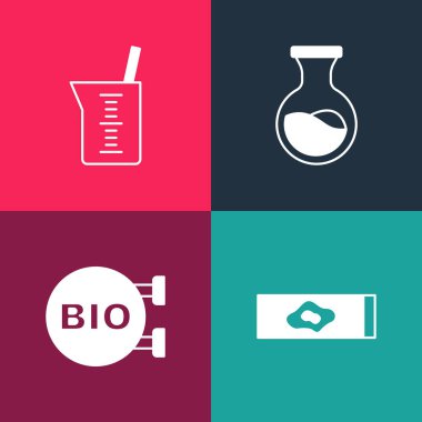 Pop sanatları testi ve virüsü, biyosağlıklı yiyeceği, deney tüpünü ve cam veya deney şişesi ikonunu hazırlayın. Vektör