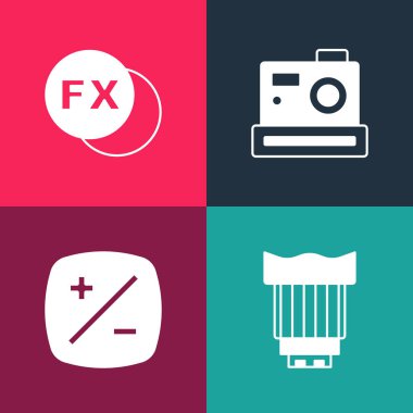 Pop Art Camera fotoğraf objektifi, pozlama tazminatı, fotoğraf makinesi ve fx simgesini ayarla. Vektör