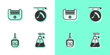 Krem kozmetik tüpü, elektrikli saç makası, faraş ve jilet ikonlu berber dükkanı. Vektör