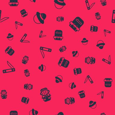 Meksika mayası ya da Aztek maskesi, kamp şapkası, İsviçre çakısı ve pürüzsüz bir sırt çantası. Vektör