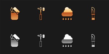 Aydınlık, Çekiç, Bulut ve yağmur ve bıçak ikonunu ayarla. Vektör