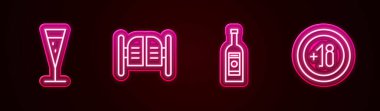 Bardakta şampanya, bar kapısı, şişe votka ve 18 'den fazla alkol. Parlayan neon ikonu. Vektör