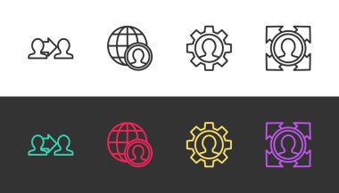 Hat Proje Üssü, Globe ve insanlar, ekipmanlı insan ve kafa avcılığı siyah ve beyaz. Vektör