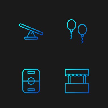 Bilet gişesi, hokey masası, tahterevalli ve balonlar. Renk simgeleri. Vektör