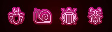 Çizgi Böcek geyiği, Salyangoz, Colorado böceği ve... Parlayan neon ikonu. Vektör