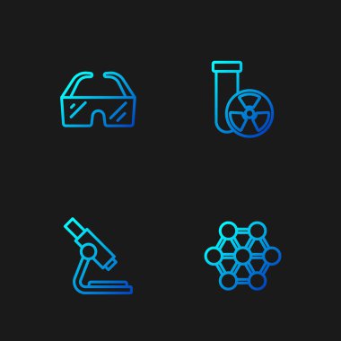 Molekül, mikroskop, güvenlik gözlüğü ve test tüpü radyasyonu ayarlayın. Renk simgeleri. Vektör