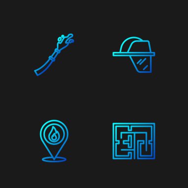 Hat tahliyesi planı, yangın alevi, yangın hortumu makarası ve itfaiyeci kaskı. Renk simgeleri. Vektör