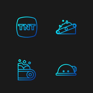 Madenci miğferi, kömür taşıyan konveyör bandı, dinamit ve... Renk simgeleri. Vektör