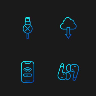 Kablosuz cep telefonu, kablosuz cep telefonu kablosuz bağlantı kablosu yok ve bulut indirmesi yok. Renk simgeleri. Vektör