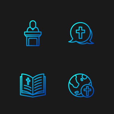 Hristiyan haçı, kutsal İncil kitabı, vaaz veren kilise papazı ve... Renk simgeleri. Vektör