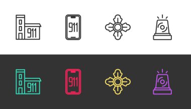 İtfaiye binası, 911 'i arayın. İtfaiyeci ve Flasher sirenleri siyah beyaz. Vektör