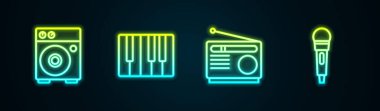 Gitar yükselticisi, müzik sentezleyicisi, radyo ve mikrofon ayarlayın. Parlayan neon ikonu. Vektör