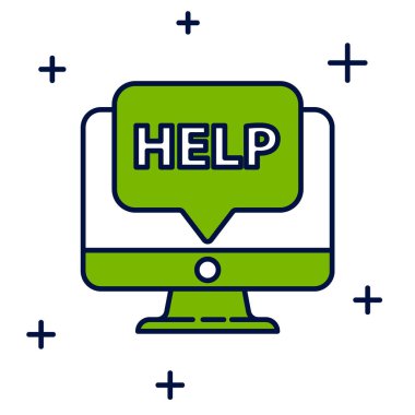 Doldurulmuş ana hatlı bilgisayar monitörü ve beyaz arkaplanda izole edilmiş simge yardım. Ayarlama, servis, ayar, bakım, onarım, onarım. Vektör