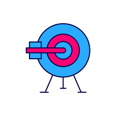 Beyaz arkaplanda izole edilmiş ok simgesi ile ana hatları doldurulmuş hedef. Dart tahtası işareti. Okçuluk tahtası simgesi. Dartboard işareti. İş hedefi kavramı. Vektör