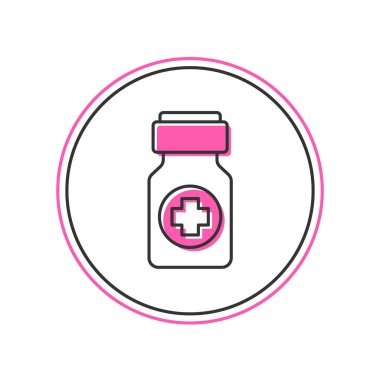 Ana hatlarıyla doldurulmuş ilaç şişesi ve beyaz arka planda izole edilmiş hap ikonu. Şişe hapı işareti. Eczane tasarımı. Vektör