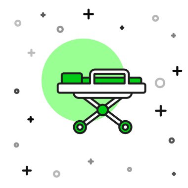 Doldurulmuş ana hatlı Sedye simgesi beyaz arkaplanda izole edildi. Hastanenin tıbbi sedyesi. Vektör