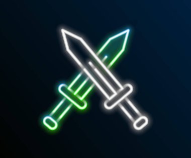 Parlayan neon hattı siyah arka planda izole edilmiş ortaçağ kılıç simgesini geçti. Ortaçağ silahı. Renkli taslak konsepti. Vektör