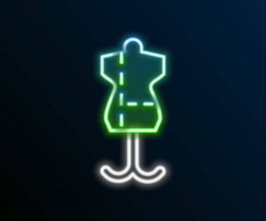 Parlayan neon hattı manken simgesi siyah arkaplanda izole edildi. Terzi mankeni. Renkli taslak konsepti. Vektör