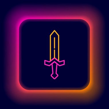 Parlayan neon hattı Ortaçağ kılıç ikonu siyah arka planda izole edildi. Ortaçağ silahı. Renkli taslak konsepti. Vektör