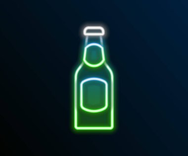 Parlayan neon hattı bira şişesi simgesi siyah arka planda izole edildi. Renkli taslak konsepti. Vektör