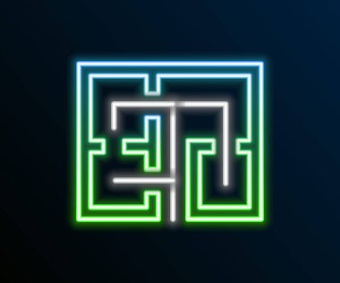 Parlayan neon hattı tahliye planı simgesi siyah arkaplanda izole edildi. Yangın kaçış planı. Renkli taslak konsepti. Vektör