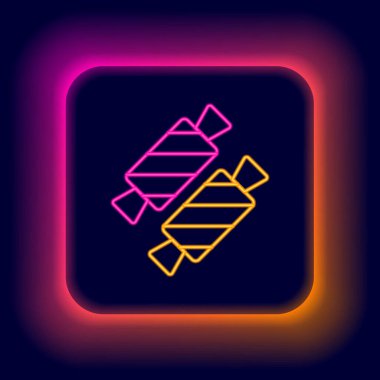 Parlayan neon hattı Candy simgesi siyah arkaplanda izole edildi. Sevgililer günün kutlu olsun. Renkli taslak konsepti. Vektör