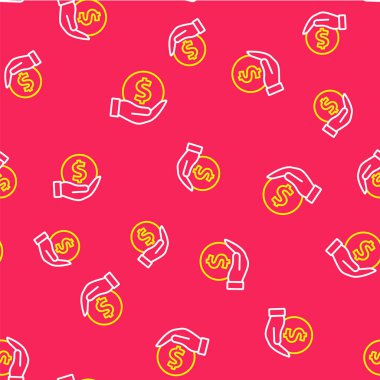 Line Money with shield icon isolated seamless pattern on red background. Insurance concept. Security, safety, protection, protect concept.  Vector