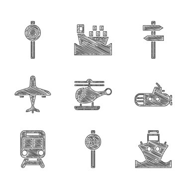 Helikopter, hız limiti trafiği, kargo gemisi, denizaltı, tren ve demiryolu, uçak, trafik levhası ve simge ayarlayın. Vektör