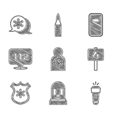 Ateş etmek için insan hedef sporu, Flasher Sireni, El feneri, Protesto, Polis rozeti, Telefon çağrısı 112, saldırı kalkanı ve Hexagram Şerif ikonu ayarlayın. Vektör