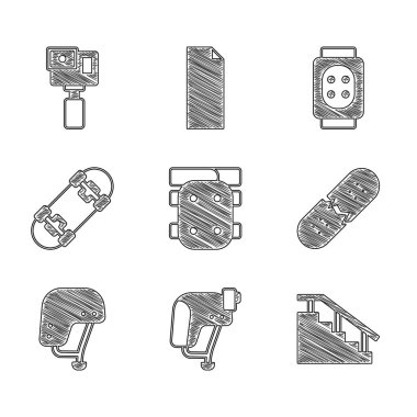 Dizlikler, kaykay kaskı, raylı merdivenler, kırık kaykay güvertesi ve kamera ikonu. Vektör