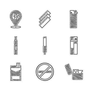 Set Sigarası, Sigara Yok, Çakmak, Sigara Paketi, Elektronik Sigara ve Tütün Yaprağı ikonu. Vektör