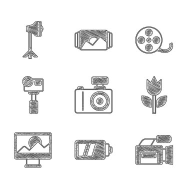 Fotoğraf makinesi, Battery for, Cinema, mod makro, rötuş, Action extreme, Film makarası ve Stüdyo ampul softbox simgesini ayarla. Vektör