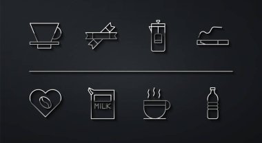 V60 kahve makinesi, kahve aşıkları, sigara, fincan, süt için kağıt paketi, şeker çubuğu paketleri, şişe suyu ve Fransız basın ikonu. Vektör