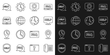 Hattı ayarla Telefon, Teçhizatlı konum, Konuşma baloncuğu metni Yardım, 24 saat destek, dizüstü bilgisayar ve yardım ve simge. Vektör