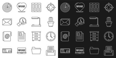 Satır yazıcı, saat, kaktüs ve sulu tencere, ofis klasörleri, zarf, hedef spor ve masa lambası ikonu. Vektör