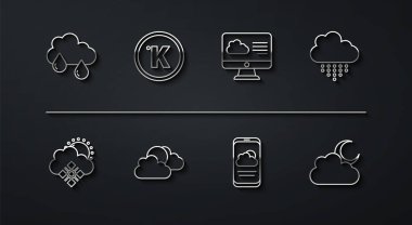 Bulut 'u yağmur, kar ve güneş, hava tahmini, güneş bulutu hava durumu, Kelvin, ay ve ikon ile belirleyin. Vektör
