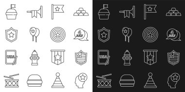 ABD Başkanı, Yıldızlı Kalkan, Bağımsızlık Günü, Amerikan bayrağı, balonlar, polis rozeti, pasta ve kalkan ikonu. Vektör