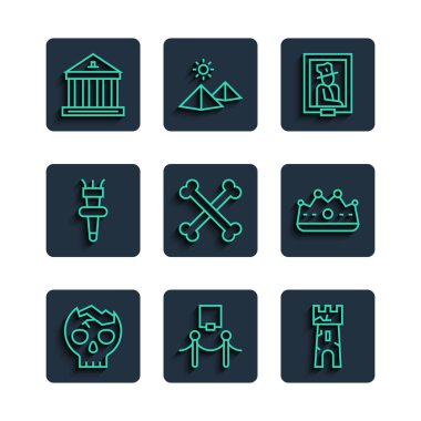 Kırık insan kafatası, resim ve ip bariyeri, kale kulesi, müzede portre, çapraz kemikler, meşale alevi, müze binası ve King Crown ikonu. Vektör