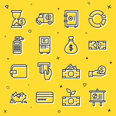 Çizelge tahtası, şema, el para verme, banknot yırtma, kasa, ATM, yazarkasa makinesi, kum saati dolar ve para çantası ikonu. Vektör