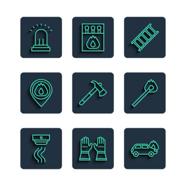 Hattı kurun duman alarmı, itfaiyeci eldivenleri, yanan araba, kaçış, balta, yangın alevi olan yer, zil ve kibrit ikonu. Vektör